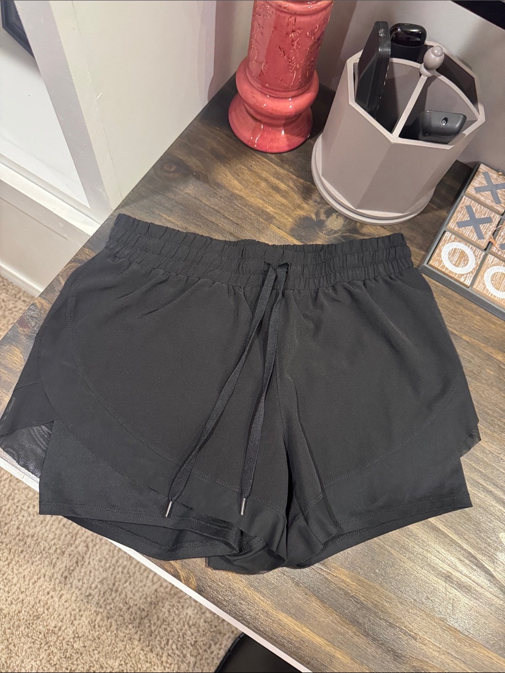 RBX Black Layered Hem Athletic Shorts with Drawstring